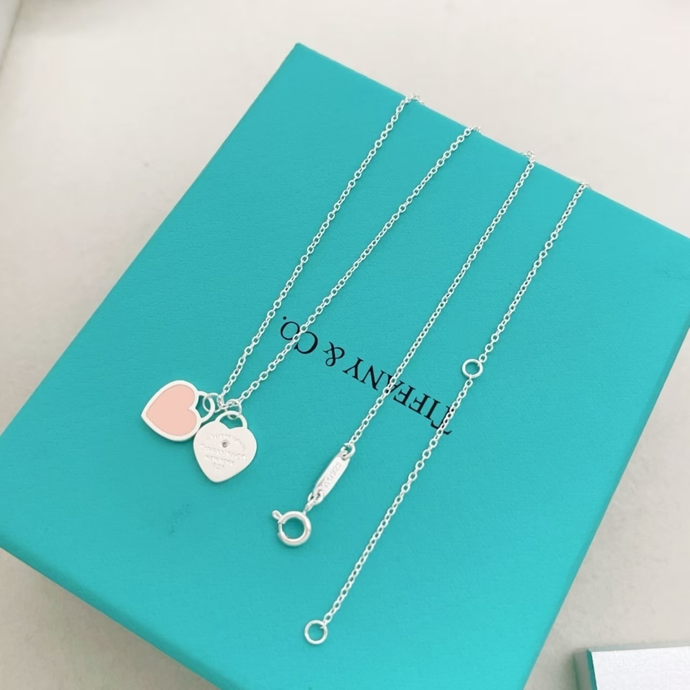 Tiffany & Co. Silver Single Diamond Pink Double Heart Necklace